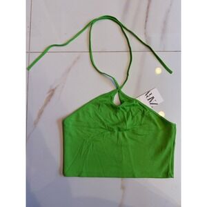 Zara Womens Green Ribbed Halter‎ Neck Crop Top Keyhole Cutout NWT